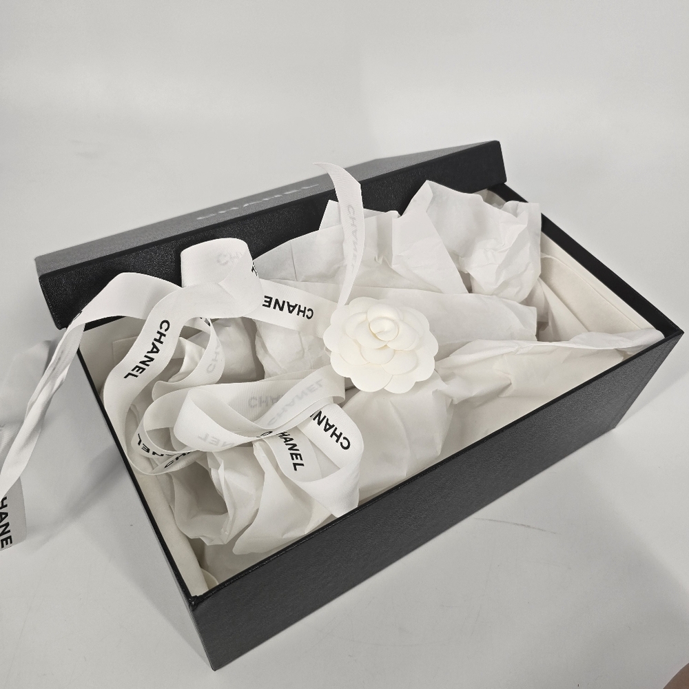 Chanel EMPTY Black Shoe Box with Ribbon and White Camellia